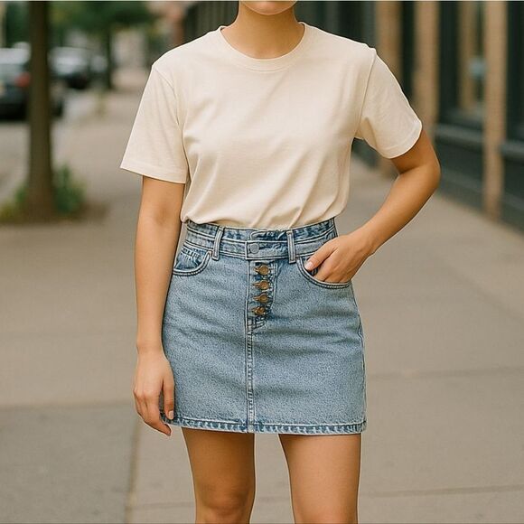 VTG 90s NO! JEANS Acid Wash Denim Paperbag Belted Waist Jean Skirt Button Fly - Picture 1 of 14